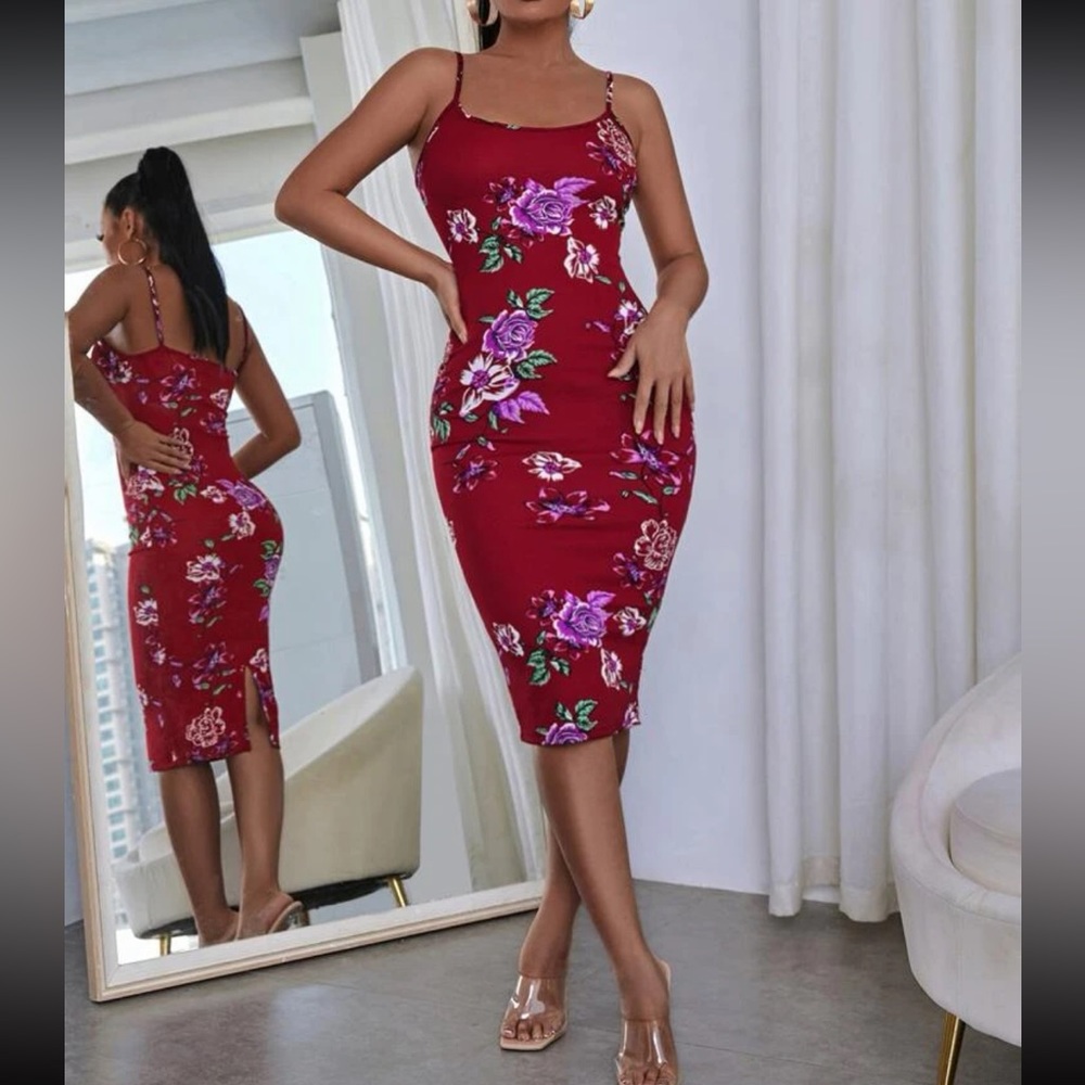 Boho burgundy floral print split hem cami bodycon dress